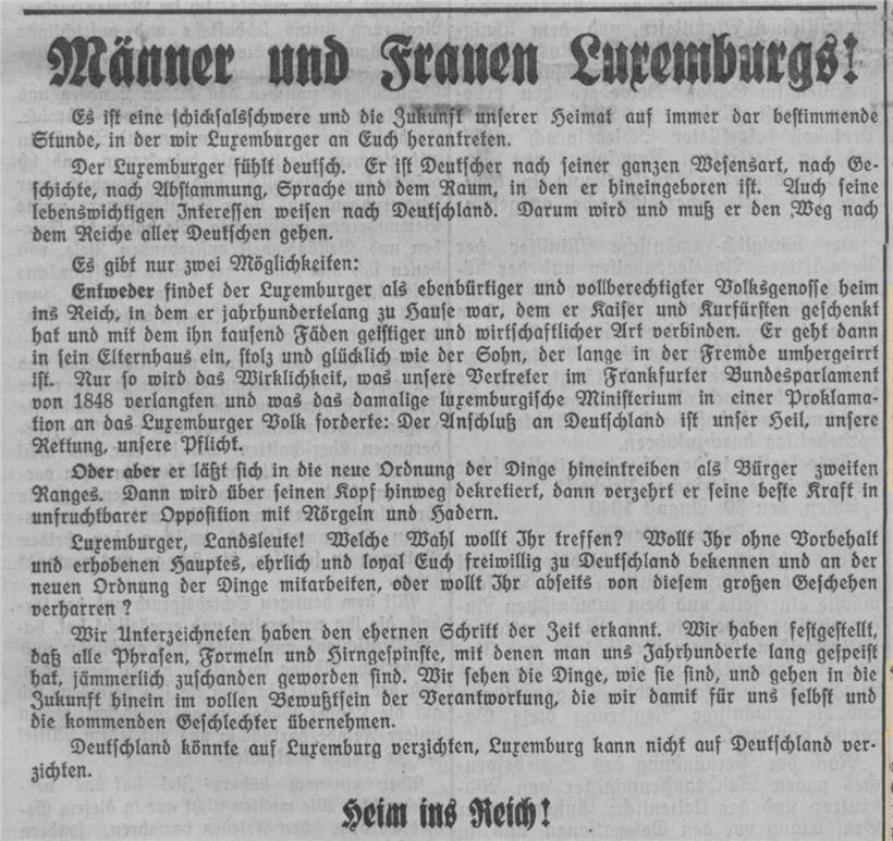 L’article en première page de l’„Obermosel-Zeitung“ du 1er septembre 1940
