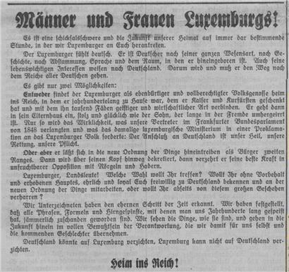 L’article en première page de l’„Obermosel-Zeitung“ du 1er septembre 1940

