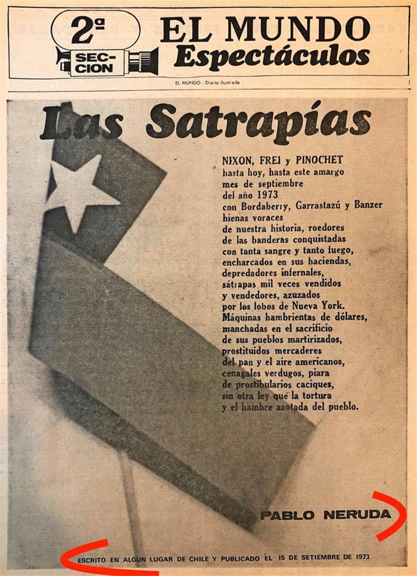 Le faux poème de Neruda publié dans le quotidien argentin El Mundo le 19 septembre 1973
