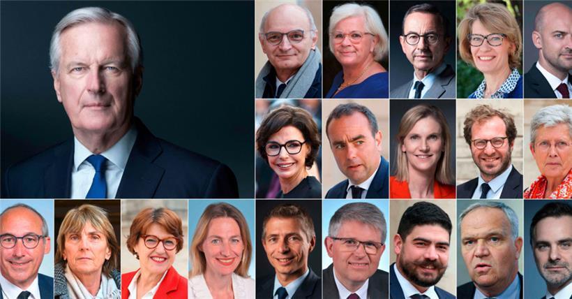 Le nouveau gouvernement français (d. g. à d.): Michel Barnier, Didier Migaud, Catherine Vautrin, Bruno Retailleau, Anne Genetet, Jean-Noël Barrot. 2ᵉ ligne: Rachida Dat, Sébastien Lecornu, Agnès Pannier-Runacher, Antoine Armand, Geneviève Darrieussecq. 3ᵉ ligne: Paul Christophe, Valérie Letard, Annie Genevard, Astrid Panosyan-Bouvet, Gil Averous, Patrick Hetzel, Guillaume Kasbarian, François-Noël Buffet, Laurent Saint-Martin.
