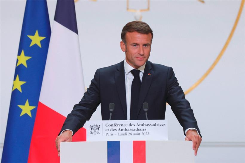 Le président français Emmanuel Macron hier lors de la conférence des ambassadeurs au palais de l’Elysée
