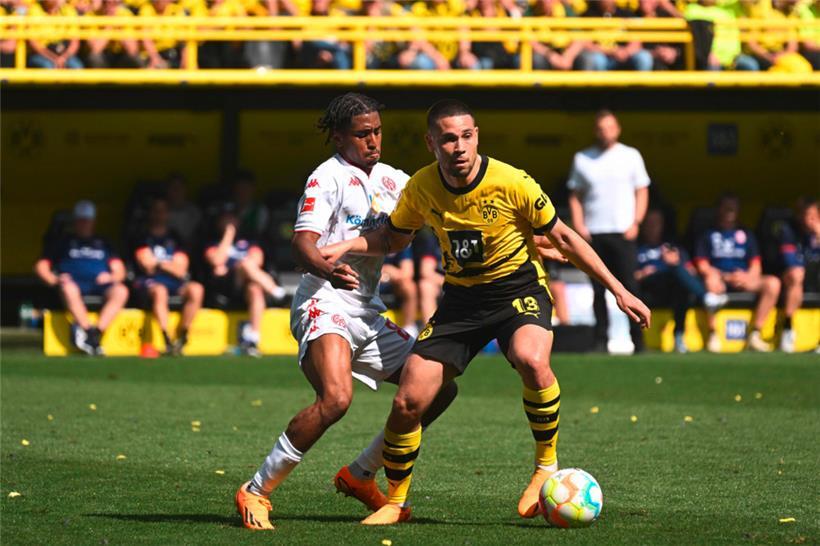 Leandro Barreiro (l.) und Mainz führten zwischendurch mit 2:0 gegen den BVB um Raphael Guerreiro
