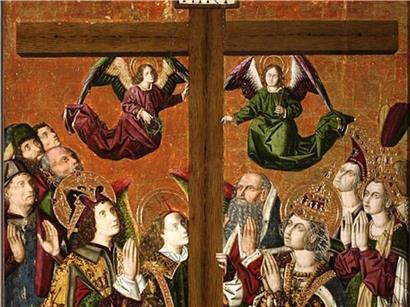 L’Empereur Héraclius mit Bart verehrt die Heilige Kreuz, Öl auf Holz, 15. Jahrhundert, Kirche von Blesa, Aragon