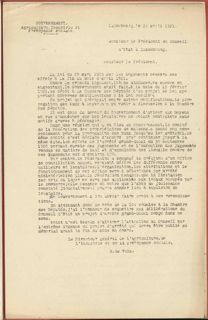 Lettre de Raymond de Waha, directeur général de la Prévoyance sociale, au président du Conseil d’Etat, du 21 avril 1921 (copie de la lettre originale). Source: Archives nationales du Luxembourg, M-02877
