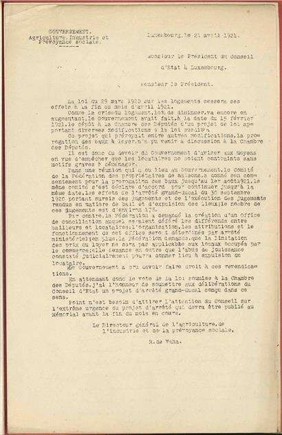Lettre de Raymond de Waha, directeur général de la Prévoyance sociale, au président du Conseil d’Etat, du 21 avril 1921 (copie de la lettre originale). Source: Archives nationales du Luxembourg, M-02877
