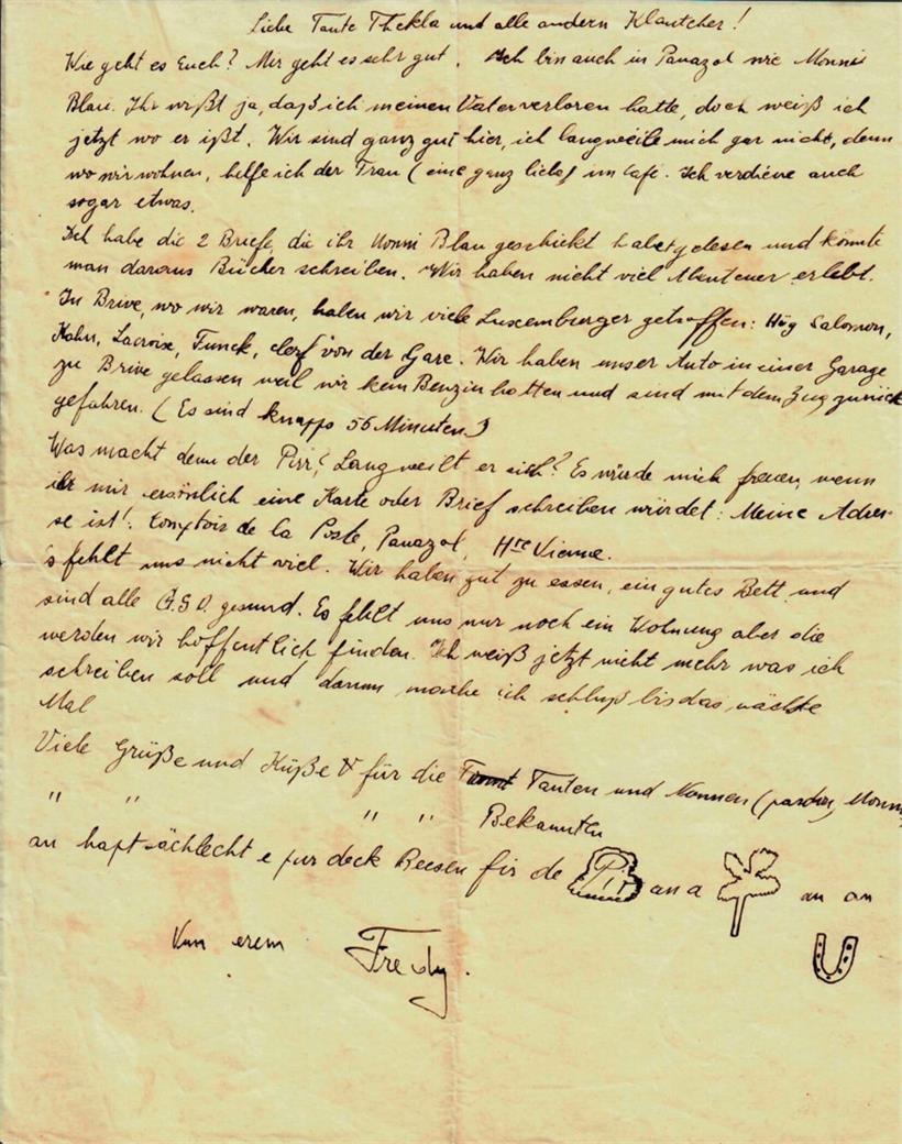 Lettre du 15 août 1940 de Fredy Brahms à sa tante Thekla Cohen, née Ermann, quel...