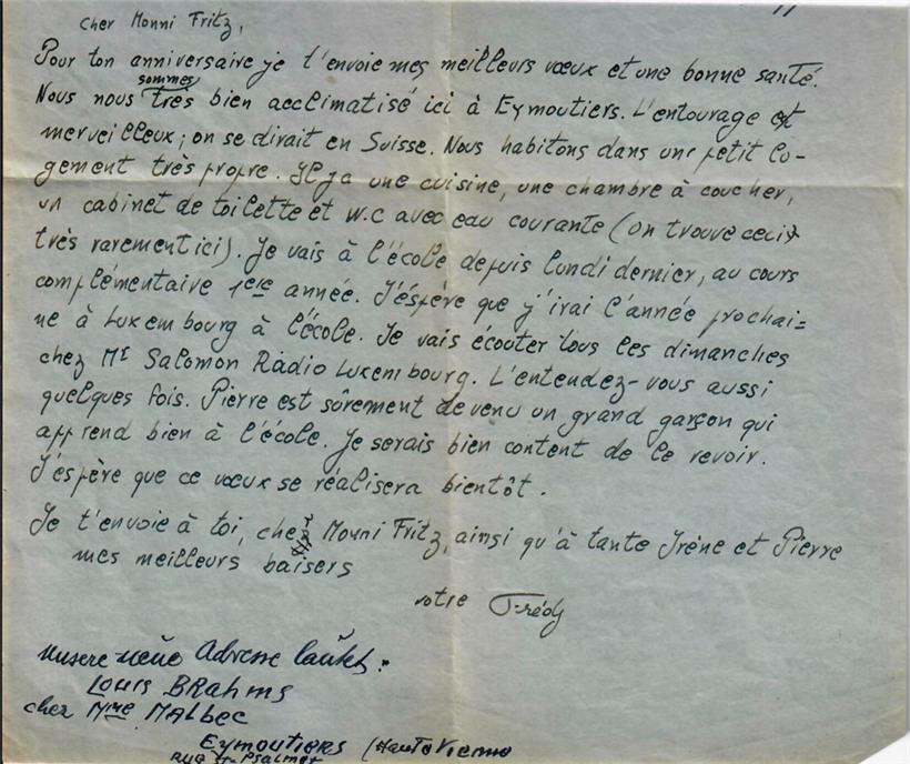 Lettre du 2 octobre 1941 de Fredy Brahms à son oncle Fred Brahms-Sommer, père de...