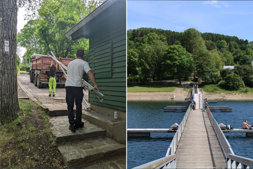 Linkes Foto: Mitarbeiter der Straßenbauverwaltung tragen beschädigte Brückenteile vom Staufer. Das rechte (ein Archivfoto) zeigt die Schwimmbrücke.
