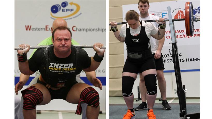 Links: Anibal Coimbra im Jahr 2012 mit Equipped-Material wie Kniebandagen und Squat-Anzug; rechts: Ankie Timmers bei einem Wettkampf im Classic Powerlifting mit einfachem Heber-Einteiler und Knieschonern
