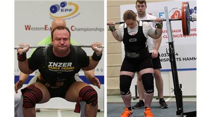Links: Anibal Coimbra im Jahr 2012 mit Equipped-Material wie Kniebandagen und Squat-Anzug; rechts: Ankie Timmers bei einem Wettkampf im Classic Powerlifting mit einfachem Heber-Einteiler und Knieschonern
