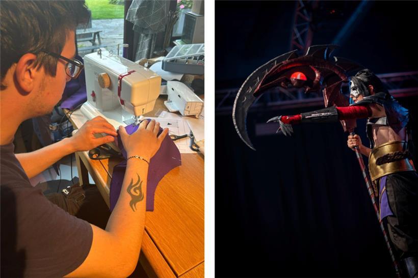 Links: Jéson beim Nähen; rechts: Jazou auf der Bühne als Kayn aus dem Spiel „League of Legends“
