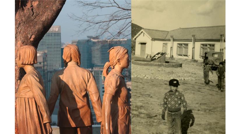 Links: Mahnmal des US-Bildhauers Steven Whyte als Erinnerung an die Zwangsprostituierten unter der Kaiserlich Japanischen Armee. Es soll aber auch auf Menschenhandel und sexualisierte Gewalt allgemein hinweisen. Werke, die an die Zwangsprostituierten für die US-Soldaten erinnern, sind sehr selten. Rechts: Ein Waisenkind steht vor einem von US-Veteranen gegründeten Waisenheim (Courtesy of Tennessee State Library and…
