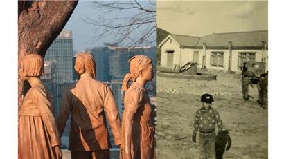 Links: Mahnmal des US-Bildhauers Steven Whyte als Erinnerung an die Zwangsprostituierten unter der Kaiserlich Japanischen Armee. Es soll aber auch auf Menschenhandel und sexualisierte Gewalt allgemein hinweisen. Werke, die an die Zwangsprostituierten für die US-Soldaten erinnern, sind sehr selten. Rechts: Ein Waisenkind steht vor einem von US-Veteranen gegründeten Waisenheim (Courtesy of Tennessee State Library and…
