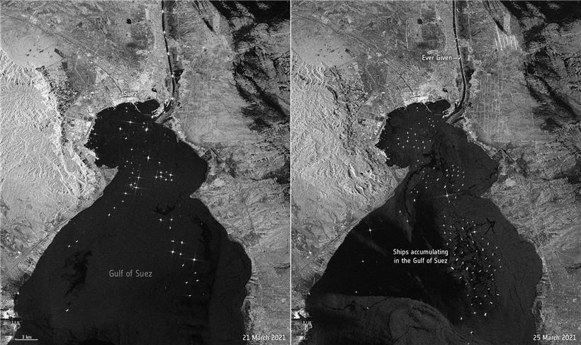 Links der 21. März, rechts der 25.: Bilder der Europäischen Raumfahrtagentur ESA zeigen den Schiffsstau  
