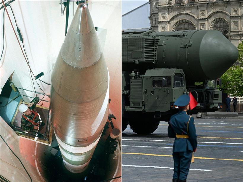 US-Atomrakete LGM-30G Minuteman III links, russische ICBM RS-24 Yars rechts, nukleare Abschreckung USA vs. Russland