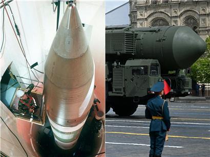 US-Atomrakete LGM-30G Minuteman III links, russische ICBM RS-24 Yars rechts, nukleare Abschreckung USA vs. Russland