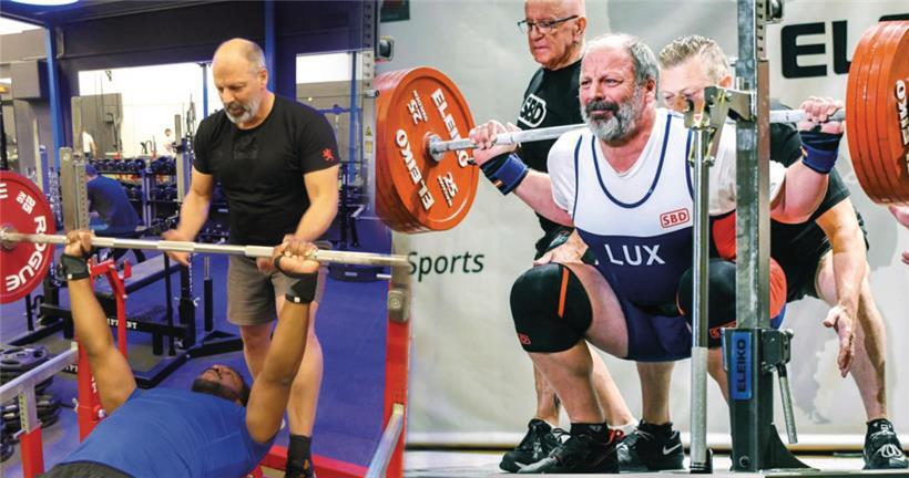 Links gibt Notschaele als Trainer Anweisungen beim Bankdrücken, rechts ist er mit 237,5 kg in der Kniebeuge bei der EM zu sehen
