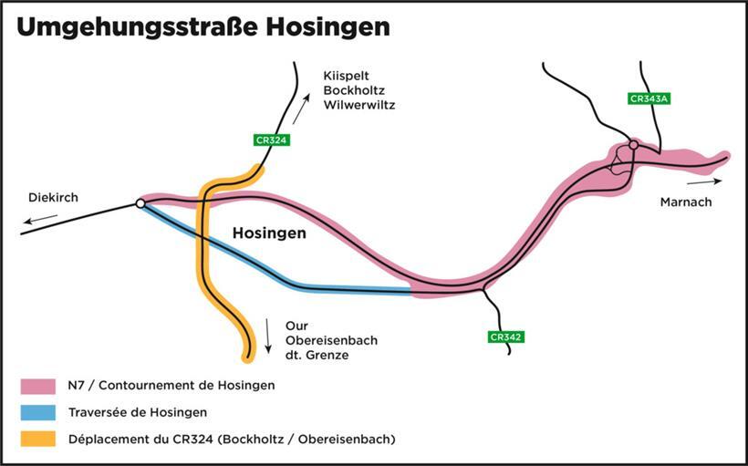 Links im Bild ist der Kreisverkehr „op Héi“ zu sehen 

