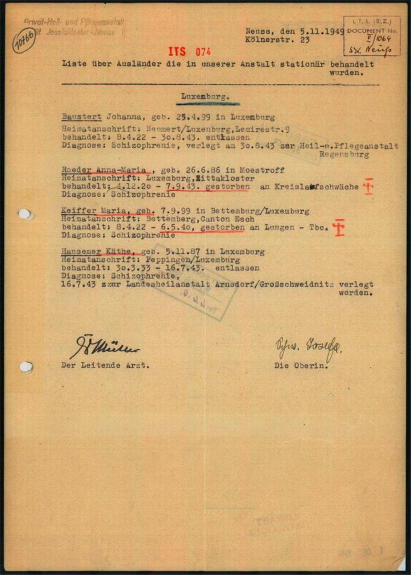 Liste der in der Heilanstalt Neuss behandelten Luxemburger, darunter auch Jeanne Baustert (Neuss, 1949)
