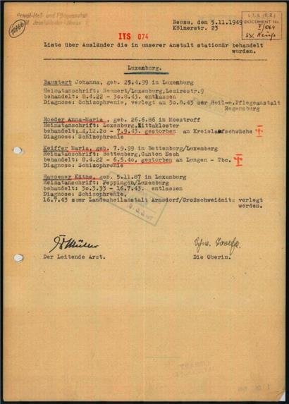 Liste der in der Heilanstalt Neuss behandelten Luxemburger, darunter auch Jeanne Baustert (Neuss, 1949)
