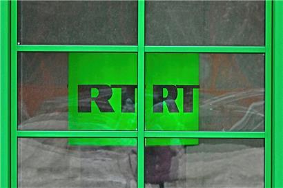 Logo im Fenster des Firmensitzes in Moskau: Die Chef-Propagandistin von RT meint, dass bald auch „Gaskammern“ in die Ukraine geliefert würden
