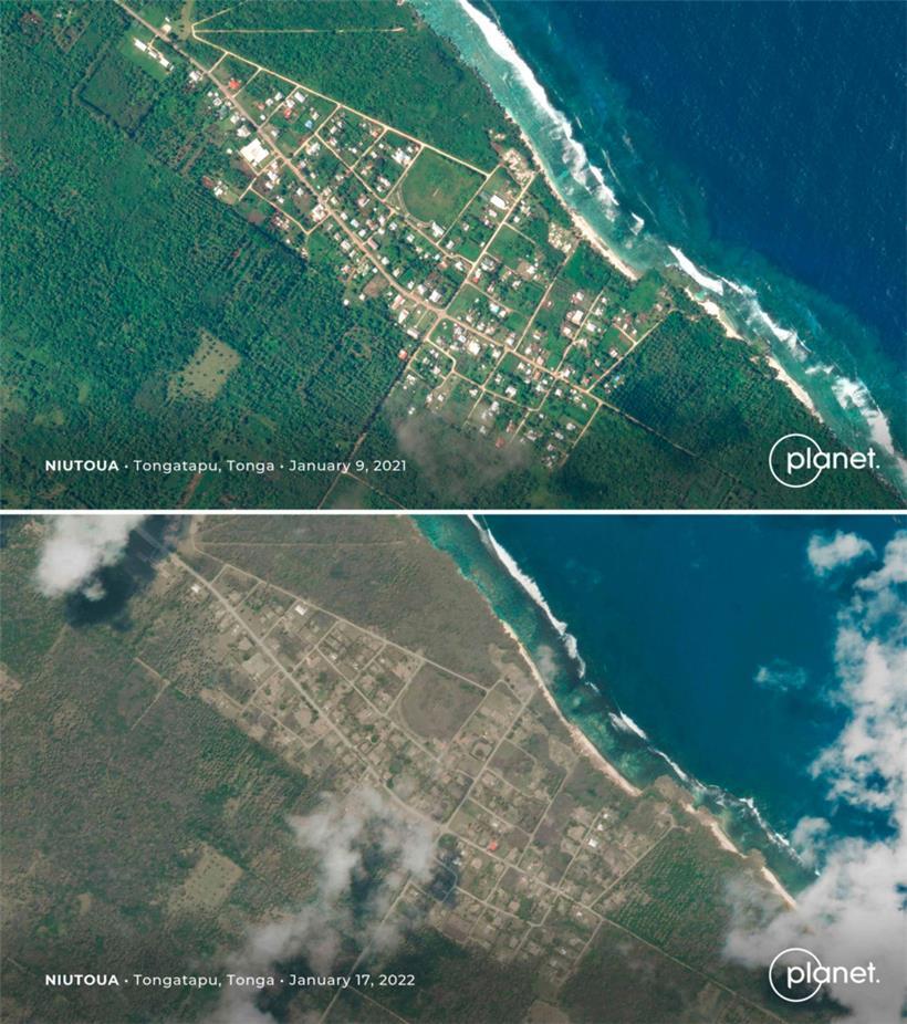 Luftaufnahmen des Dorfes Niutoua: Oben vor dem Vulkanausbruch, unten das aschenbedeckte Dorf nach dem Ausbruch
