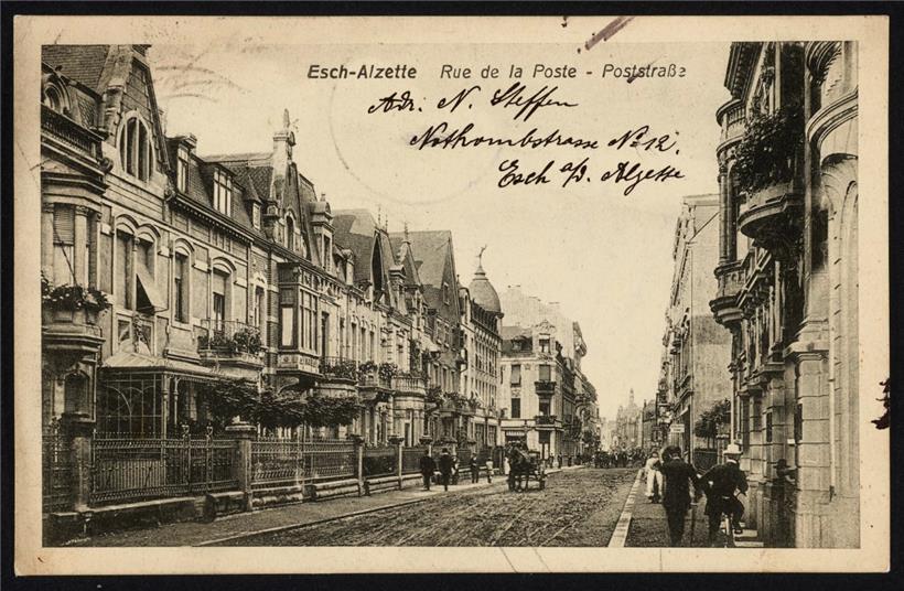 Maisons unifamiliales de la rue de la Poste (rue de l’Alzette à partir de 1923) avec jardin sur rue vers 1916
