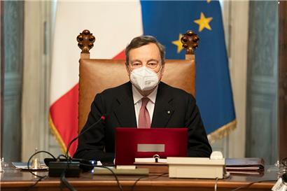 Mario Draghi, Premierminister von Italien, leitet die erste Sitzung des Ministerrats im Palazzo Chigi. 
