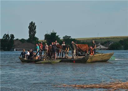 Menschen aus dem ukrainischen Ort Afanasiyivka bringen sich und ihr Vieh vor den Fluten in Sicherheit: Nun könnte der durch den russischen Angriffskrieg verursachte Bruch des Kachowka-Staudamms auch negative Auswirkungen auf die Küsten von Rumänien und Bulgarien haben
