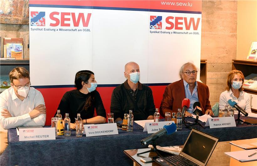 Michel Reuter, Vera Dockendorf, Jules Barthel, Patrick Arendt und Isabelle Bichler von der Lehrergewerkschaft SEW/OGBL haben am Dienstag vor der „Rentrée“ ihre Sicht zur Bildungspolitik erläutert
