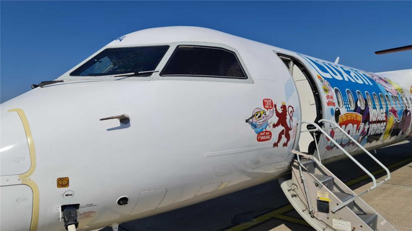 Mindestens eine Scheibe des auffällig lackierten Flugzeugs ist von Rissen übersat.
