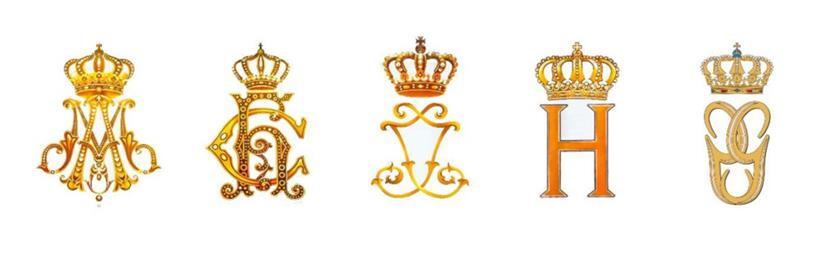 Monogramme der Luxemburger Monarchen von links nach rechts: Marie-Adélaïde, Charlotte, Jean, Henri – und Guillaume
