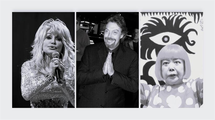 Ihr Tod wurde diese Woche bekannt (vlnr.): die Musikerin Dolly Parton, der Schauspieler Tim Curry und die Künstlerin Yayoi Kusama sind verstorben