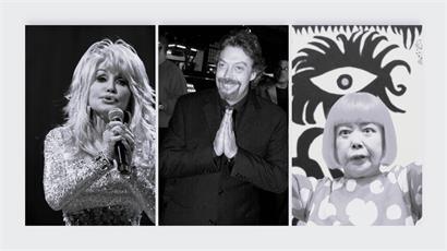 Ihr Tod wurde diese Woche bekannt (vlnr.): die Musikerin Dolly Parton, der Schauspieler Tim Curry und die Künstlerin Yayoi Kusama sind verstorben
