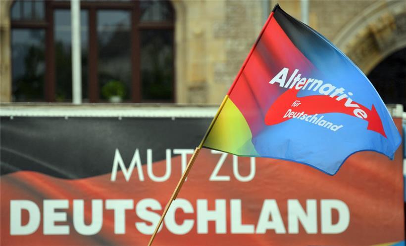 Mut zu „Deutschland“. Eine Fahne mit dem Parteilogo der AfD weht während einer Kundgebung der AfD Sachsen-Anhalt auf dem Marktplatz von Dessau.
