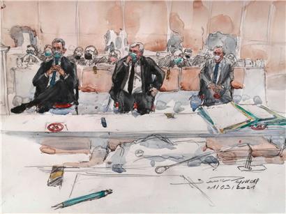 Nicolas Sarkozy (g.), Thierry Herzog et Gilbert Azibert (d.) pendant le procès vu par un dessinateur d’audience
