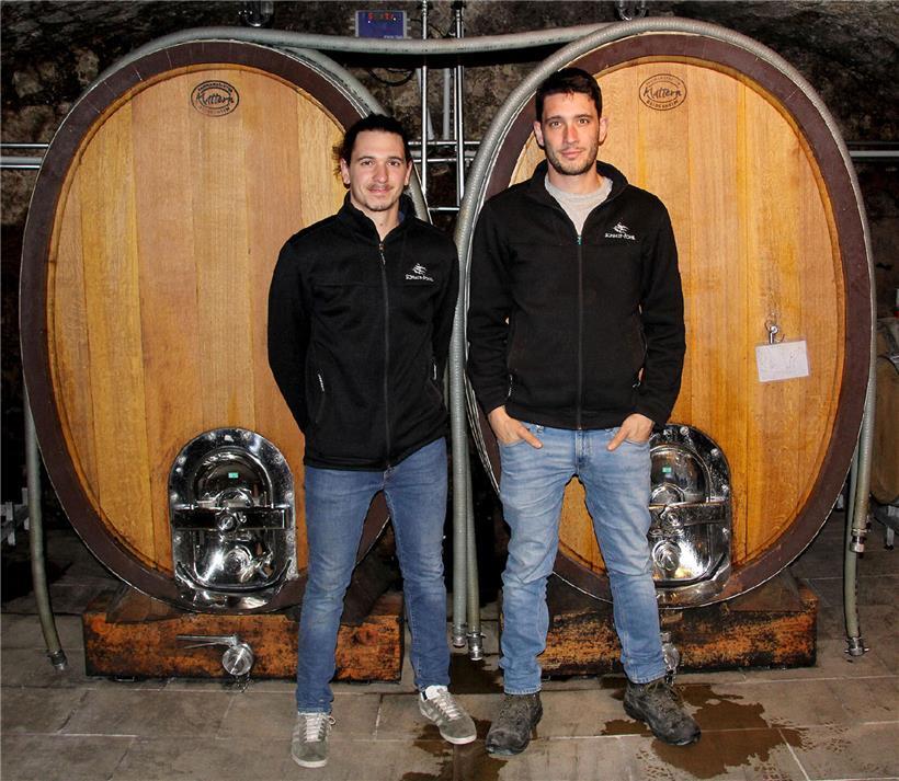 Porträt von Nicolas und Mathieu Schmit, zwei Brüdern, professionelle Geschäftsmänner im Anzug, freundliches Teamfoto