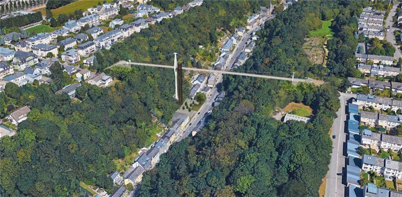 Noch steht sie nicht, aber die über das Neudorf (im Tal) verlaufende Brücke soll später einmal die Viertel Cents (rechts im Bild) und Weimershof (links im Bild) miteinander verbinden
