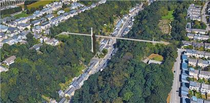 Noch steht sie nicht, aber die über das Neudorf (im Tal) verlaufende Brücke soll später einmal die Viertel Cents (rechts im Bild) und Weimershof (links im Bild) miteinander verbinden

