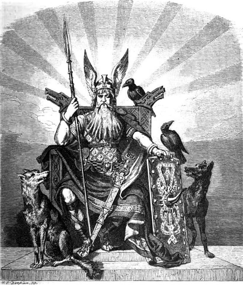 Odin mit den beiden Wölfen Geri und Freki in einer Darstellung von Carl Emil Doepler (1882)
