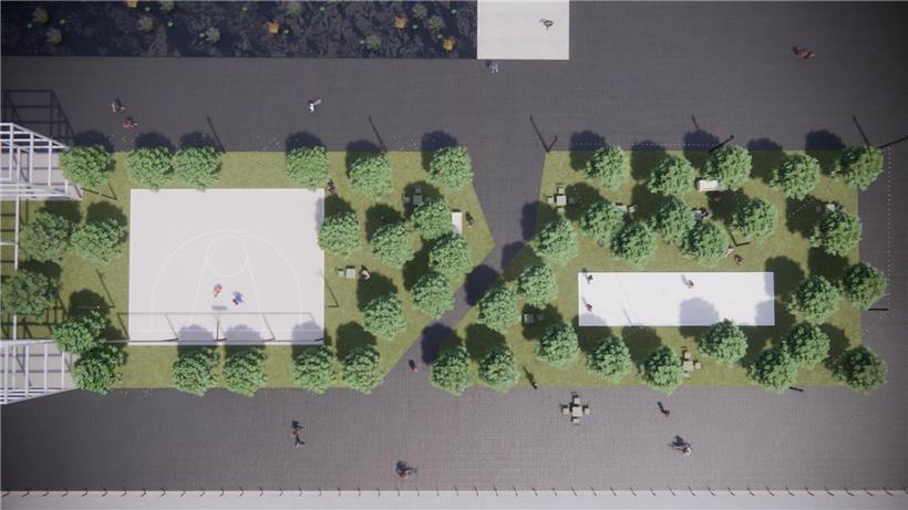 Vogelperspektive auf Outdoor Belval mit Basketballplatz und Bouleplatz im Freien, Freizeitbereich im Grünen