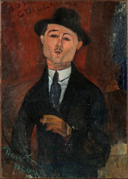 „Paul Guillaume, Novo Pilota“, 1915, huile sur carton collé sur contre-plaqué parqueté (105 x 75 cm), Paris, musée de l’Orangerie
