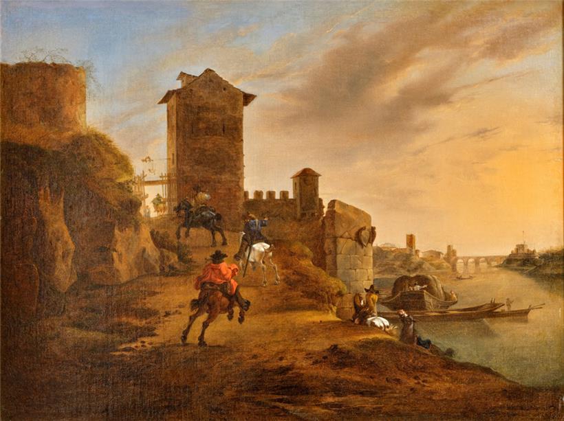 Paysage fluvial (cavaliers devant la Torre Lazzaroni), d’après Jan Asselijn (1610-1652)
