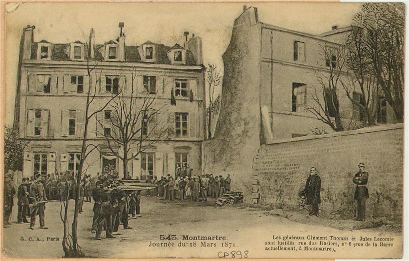 Photomontage réalisé après la Commune, montrant le général et meunier de Moestroff exécuté pour l’exemple. A cet endroit s’élève désormais le Sacré-Cœur, monument construit pour expier la Commune de Paris.
