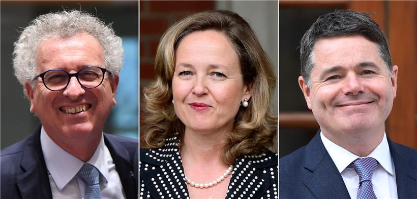 Pierre Gramegna (links), Nadia Calvino und Paschal Donohoe kandidieren für den Posten des Eurogruppen-Chefs. 
