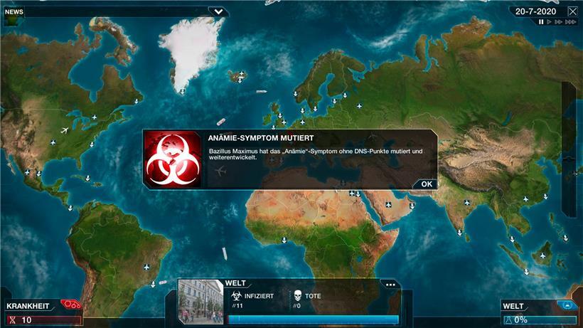 „Plague Inc.“ ist ein beliebtes Strategiespiel. Hier ist eine neue Krankheit ausgebrochen, noch ist niemand an der virtuellen Krankheit gestorben.
