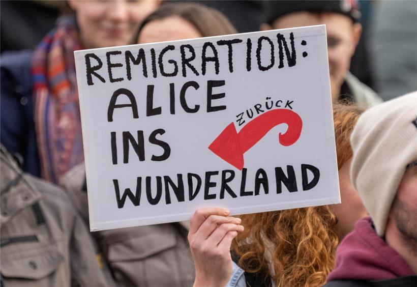 Plakat bei einer Demonstration und Kundgebung in Rostock unter dem Motto „Solidarität statt Ausgrenzung“ gegen die AfD

