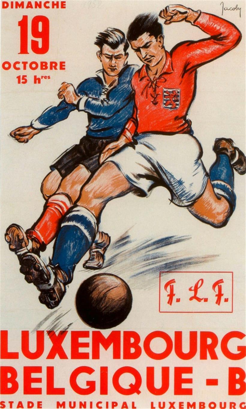 Plakat der FLF zum Länderspiel Luxemburg-Belgien B 1952, mit einer Zeichnung aus...