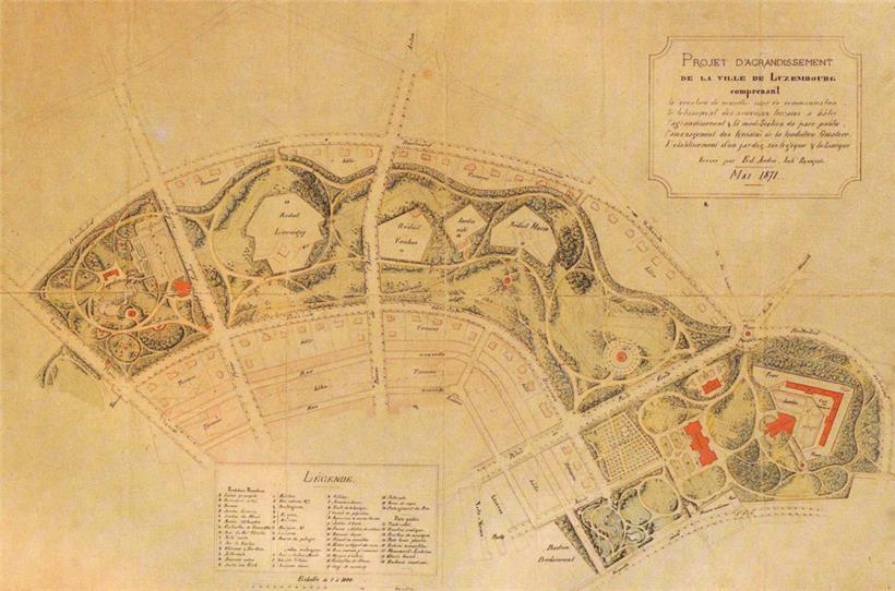 Plan d’agrandissement de la ville de Luxembourg, mai 1871, dans „Luxembourg – La capitale et ses architectes“ (Pierre Gilbert, Luxembourg, 1986)

