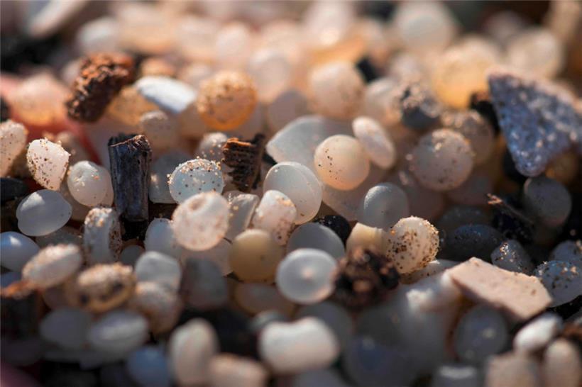 Plastikgranulat auf dem Strand von Tarragona, das im Januar 2024 von einem Schiff ins Meer gefallen war 

